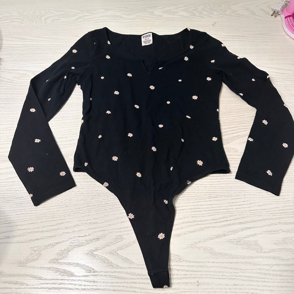 Victoria's Secret PINK Bodysuit Black Sunflower Long Sleeve Thong Sz Med